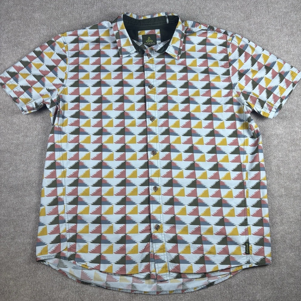 Prana Organic Cotton Button Up Shirt Mens XL Blue Geometric Print Short Sleeve